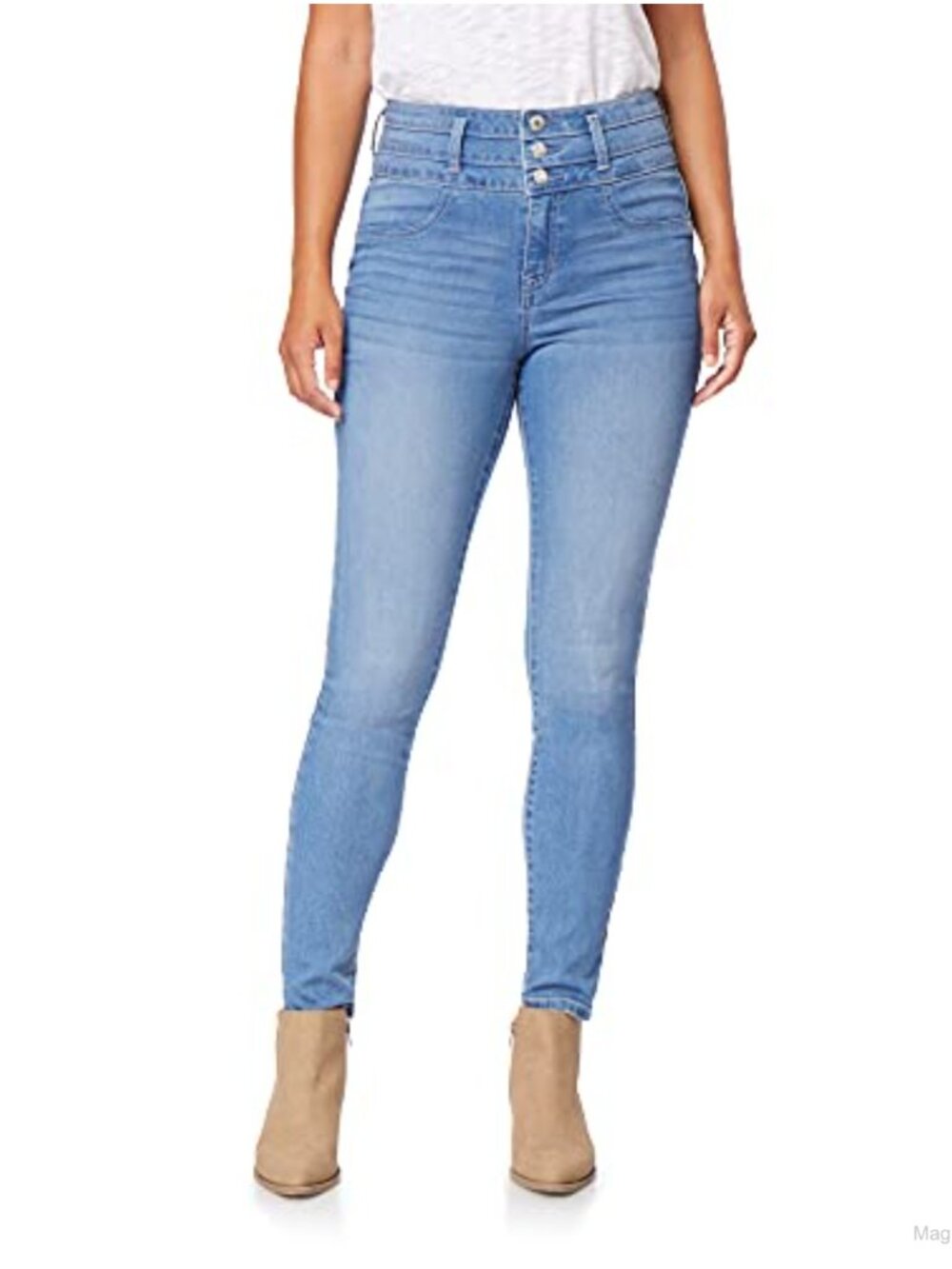 Evershape High Rise Skinny Jeans 3-Button Whiskered Denim Stretch Cotton Blend